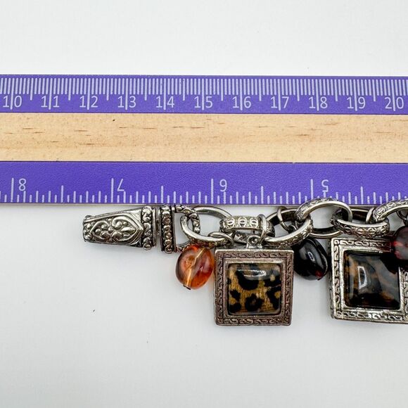 Vintage Leopard Print Square Chain Bracelet Cheetah Charm Bead Chunky Statement - Picture 10 of 11